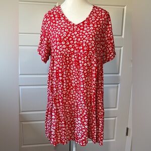 Chances R Floral Print Mini Dress V Neck Short Sleeve Casual Red‎ Dress